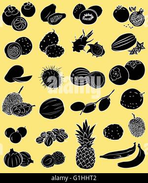 Vector illustration of tropical fruits in silhouette mode on yellow background Stock Vector