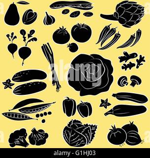 Vector illustration of vegetables in silhouette mode on yellow background Stock Vector