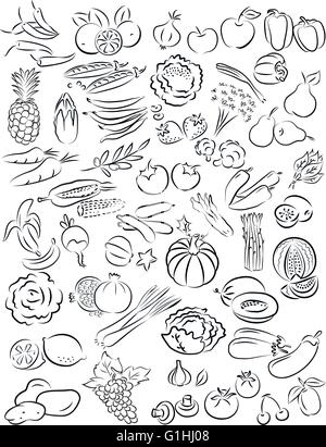 vector illustration of fruits and vegetables collection in black and white Stock Vector