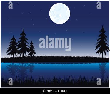 Vector illustration of the night landscape on river Stock Vector
