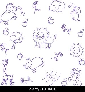 Cute animals drawing in line art style on pink background Stock Vector ...