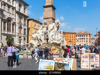Rome, Italy.  Piazza Navona.  Fontana dei Quattro Fiumi, or the  Fountain of the Four Rivers, created by Gian Lorenzo Bernini Stock Photo