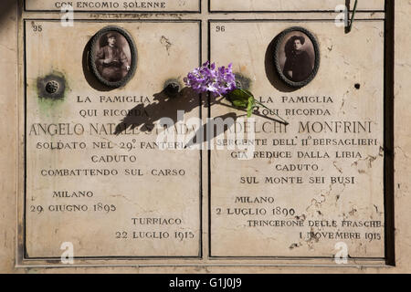 Commemorative plaques to Italian soldiers fallen during World War I at the Monumental Cemetery (Cimitero Monumentale di Milano) in Milan, Lombardy, Italy. Cenotaph to Angelo Natale Strada fallen at Turraco on July 22, 1915, and to Adelchi Monfrini fallen at Tricerone delle Frasche on November 1, 1915. Stock Photo