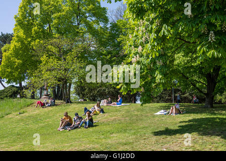 People enjoying a summer day in grass, Strelecky ostrov, Prague, Czech republic Stock Photo