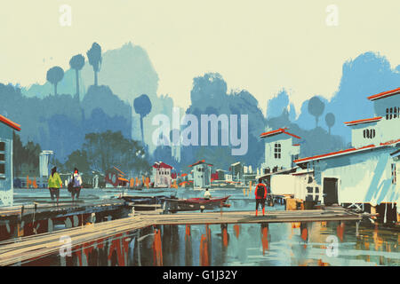 landscape painting of river village,illustration Stock Photo