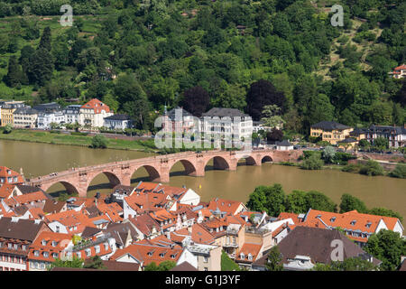 Karl Theodor Bridge on the Neckar River, view from Heidelberg Castle Stock Photo