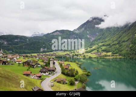 Beautiful lakeside country village in Swiss Alps Stock Photo