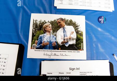 Los Angeles, California, USA. 15th May, 2016. A photograph of Hillary Clinton and President Barack Obama sits on the sign-in table as Hillary Clinton supporters gather for the opening of a Hillary 2016 California campaign office near Los Angeles International Airport. Credit:  Brian Cahn/ZUMA Wire/Alamy Live News Stock Photo