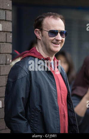 Cardiff, Wales, UK. 16th May, 2016. Mark Gatiss appears outside Cardiff University Students' Union Building during filming for Sherlock, episode two, Season 4.   Mark Hawkins/Alamy Live News Stock Photo