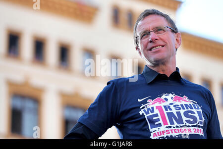 Leipzig, Germany. 16th May, 2016. Ralf Rangnick, head coach of RB Leipzig, during the celebration of RB Leipzigs ascent to the first Bundesliga on the market square in Leipzig, Germany, 16 May 2016. PHOTO: JAN WOITAS/dpa/Alamy Live News Stock Photo