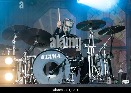 Somerset, Wisconsin, USA. 15th May, 2016. Drummer EARTH of Ghost performs live at Somerset Amphitheater during the Northern Invasion Music Festival in Somerset, Wisconsin © Daniel DeSlover/ZUMA Wire/Alamy Live News Stock Photo