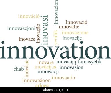Illustration of the word innovation in word clouds isolated on white background Stock Vector