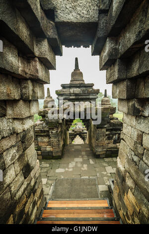 Stone stairs and passages in the Temple Borobudur at Sunrise. Yogyakarta, Indonesia. Stock Photo