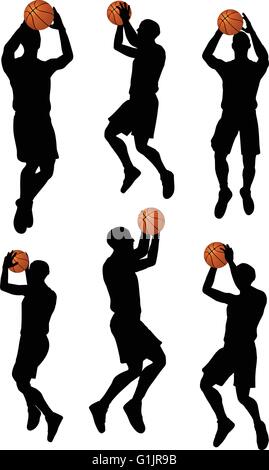 EPS 10 vector basketball players silhouette collection in shoot position Stock Vector