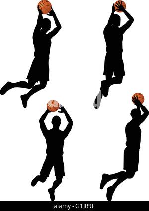basketball players silhouette collection in slam position Stock Vector