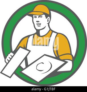 Illustration of a plasterer masonry tradesman construction worker wearing hat holding trowel set inside circle done in retro style on isolated background. Stock Vector