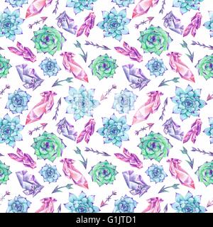 creative seamless pattern with hand-painted tribal design elements - arrows, gems, plants for wallpaper and textile design Stock Photo