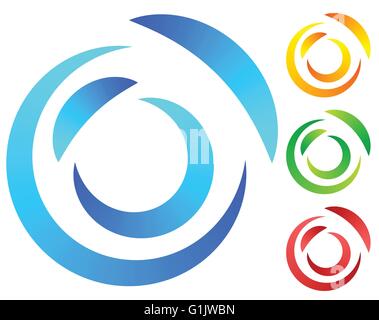 Colorful concentric, segmented circles. Abstract spiral, vortex graphic. Blue, orange, green, red versions. Stock Vector