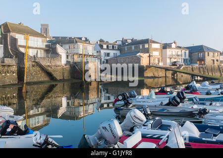 Boats moored on pontoons in Salcombe Estaury in early morning sunlight Stock Photo