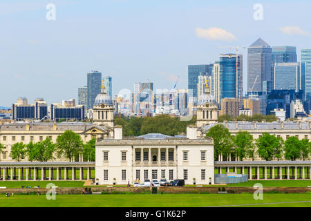 View of Canary Wharf and Greenwich University from Greenwich hill of London, England, UK Stock Photo