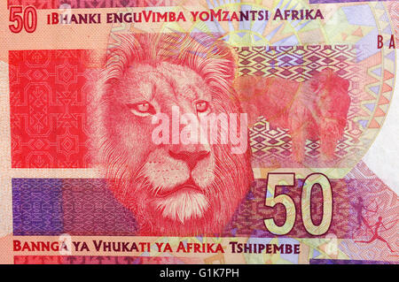 A close view of the back of a 50 Rand note from South Africa. Stock Photo