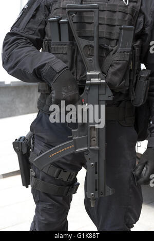 Zrenjanin, SERBIA: May 2016, Detail of Serbian Armed Forces Military Police Cobra unit Soldier armed with Heckler & Koch UMP 9mm Stock Photo