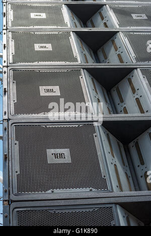 Zrenjanin, SERBIA: May 2016, JBL VT4889 3-Way Line Array Element, Composite Box loudspeakers cluster detail Stock Photo