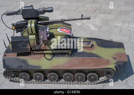 Zrenjanin, SERBIA: May 2016, MILOS, modern remote controlled short range anti infantry drone armed with PKT 7.62mm Machine Gun a Stock Photo