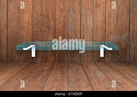 Glass shelf on old wooden texture background, stock photo Stock Photo