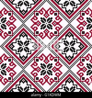 Ethnic Ukrainian geometric broidery in hues of black and red on the light pink background, seamless vector pattern Stock Vector