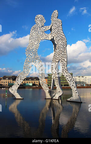 BERLIN, GERMANY - FEBRUARY 2, 2015: Molecule Man sculpture on the Spree river Stock Photo