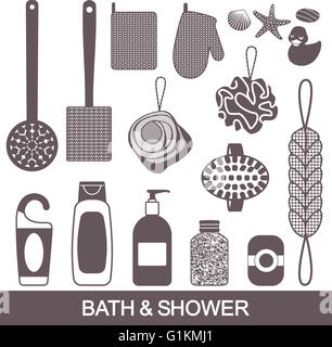 Beauty and care bath and shower products vector silhouette icons set Stock Vector