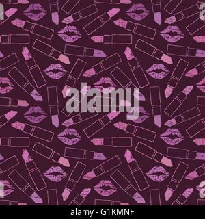 Purple scratched seamless pattern background with lips and lipsticks Stock Vector