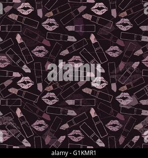 Scratched seamless pattern with lips and lipsticks on dark background Stock Vector