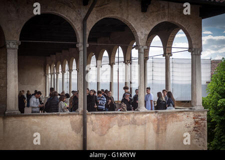 Bridge with medieval porch for access to falconry. Vigevano, Lombardy. Italy Stock Photo