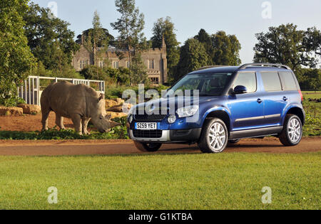 2009 Skoda Yeti off road soft roader 4x4 car and a rhino Stock Photo