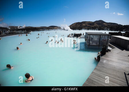 people bathing in blue lagoon in Iceland. Stock Photo