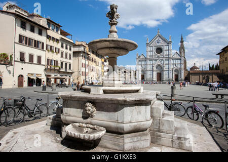 Fountain in Santa Croce square in Florence,Piazza di Santa Croce square Church of Santa Croce Basilica, Fountain by G Manetti Stock Photo