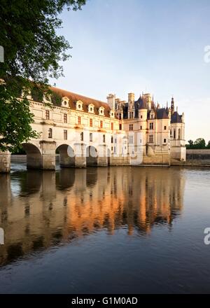 A colour image of the morning light hitting chateau de chenonceau taken from the banks of the river cher Stock Photo