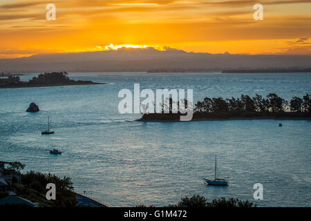 Aerial view of boats sailing near island sandbar, Nelson, Nelson, New Zealand Stock Photo