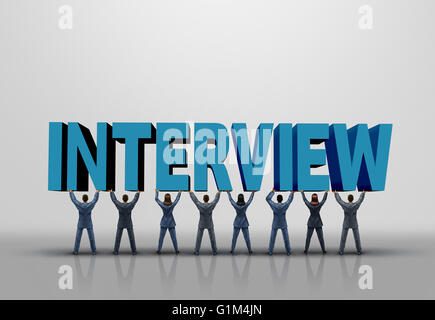 Business interview concept and career planning symbol as a group of men and women lifting up a 3D illustration text as a human resources and employment symbol. Stock Photo