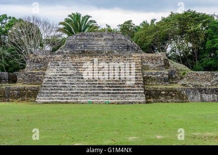 Stairs leading to the top of Temple of the Green Tomb or site A1.  Altun Ha historical site.  Belize District, Belize Stock Photo