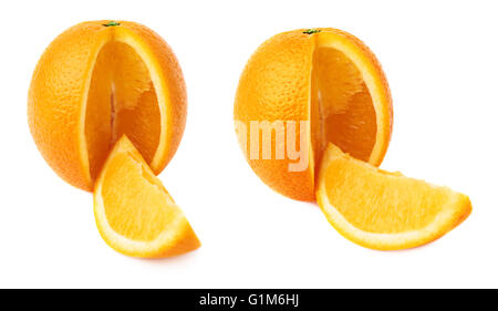 Fresh orange cut in slices isolated over the white background, set of different foreshortenings Stock Photo