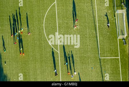 Aerial view, youth training with shots on goal, soccer training, soccer youth, sports training, artificial grass, Adolf-Brühl Stock Photo