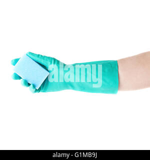 Hand in rubber latex glove holding kitchen sponge over white isolated background Stock Photo