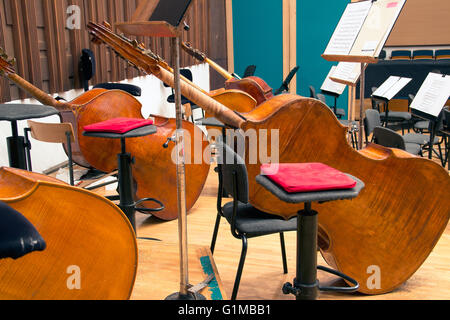 Belgrade, Serbia - Contra-basses on the stage in the Belgrade Philharmonic Orchestra performance hall during a break Stock Photo