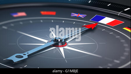3D illustration of a compass with many flags, the needle points the French flag, black background. Conceptual image of travel Stock Photo