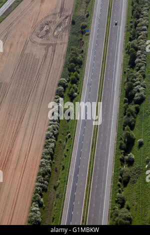 aerial view of an empty M62 motorway with just 1 car, East Yorkshire, UK Stock Photo