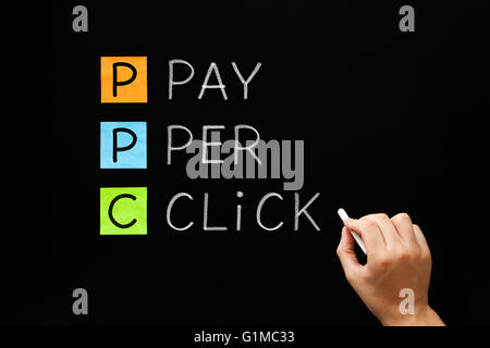 Hand writing Pay Per Click with white chalk on a blackboard. PPC marketing concept. Stock Photo