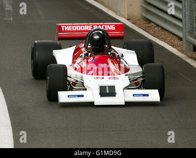 Phil Hall exiting the pit lane, in a 1978, Theodore TR1 historic formula one car  during the Silverstone Classic Media Test Day 2016 Stock Photo